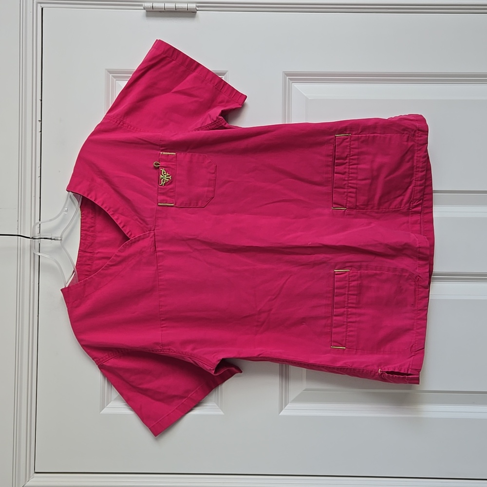 Med Coture Pink And Lime Green Scrub Top